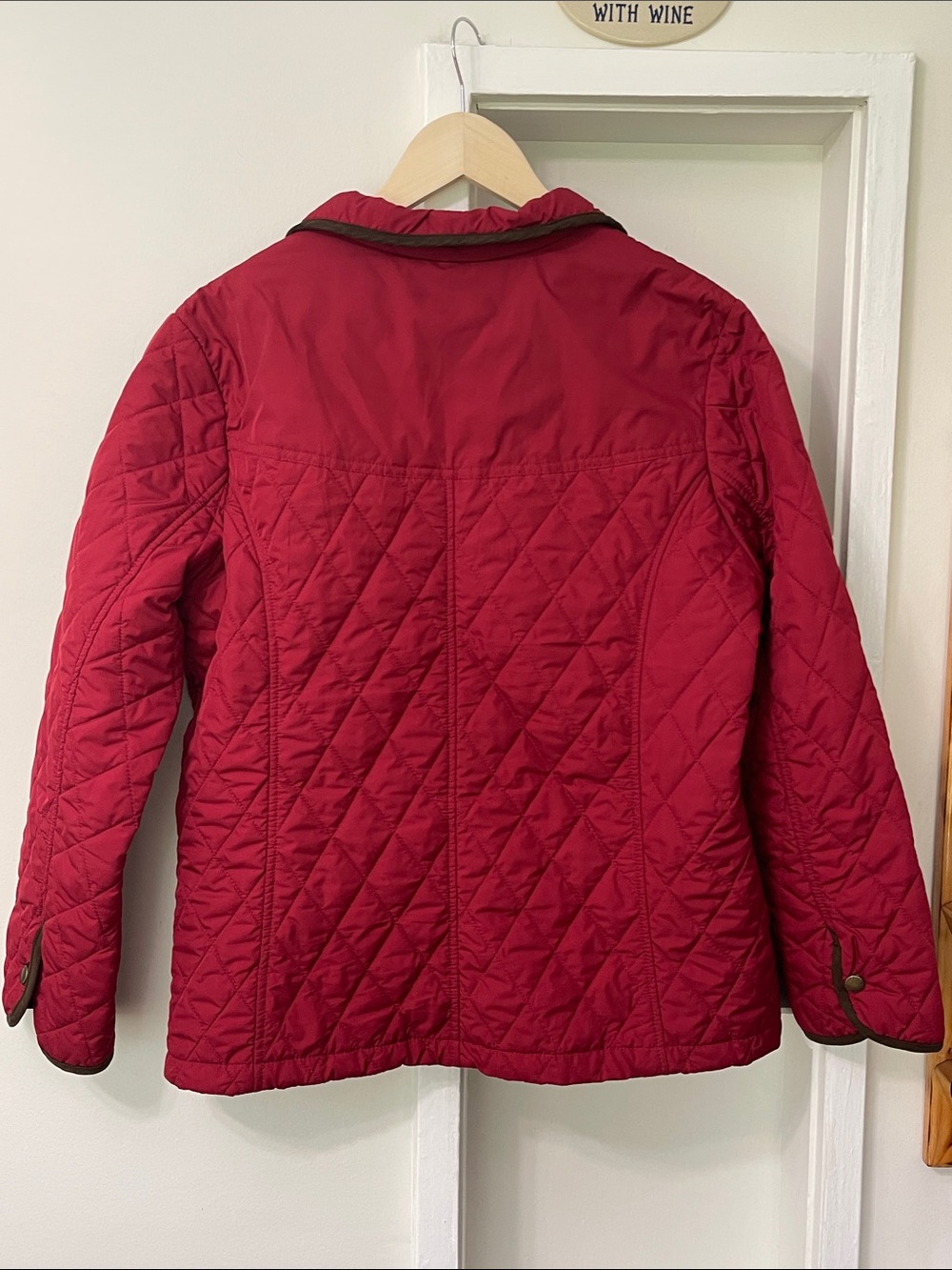 Lands’ End Cranberry Red Diamond Quilted Barn Jacket, Dark Brown Trim - Size L - Picture 16 of 16
